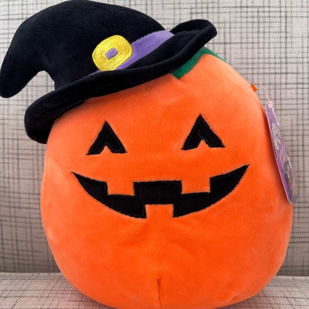 Kellytoy 8” Halloween Pumpkin Plush with Witch Hat - Orange and Black